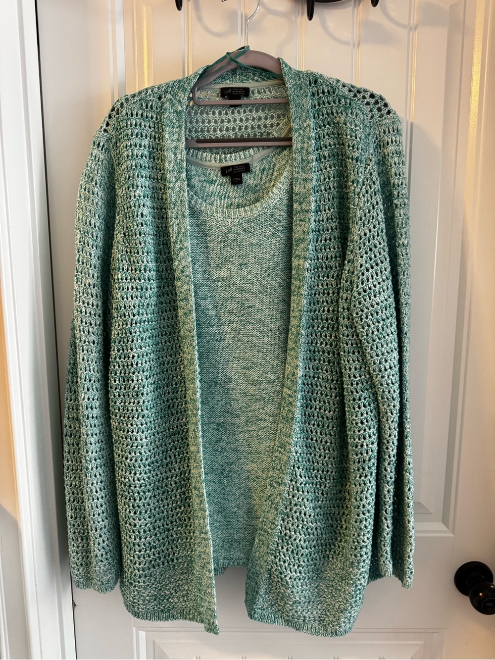 J.Jill Wearever 2 Piece Knit Set L Tank Top Open Cardigan Aqua Green